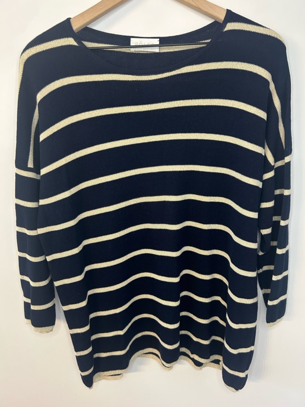 Pôles Maison Montagut Women’s Navy Blue and Metallic Gold Stripe Sweater, Small